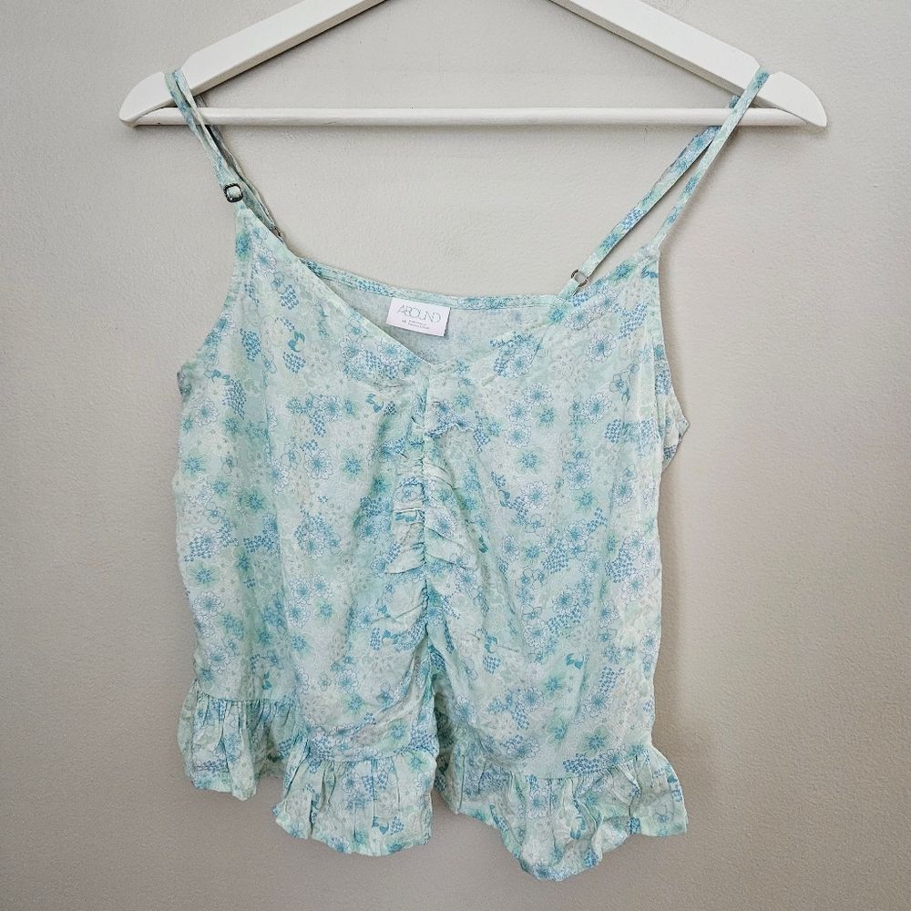 Abound Tank Top Floral Print Blue Ruffle Casual Adjustable Straps